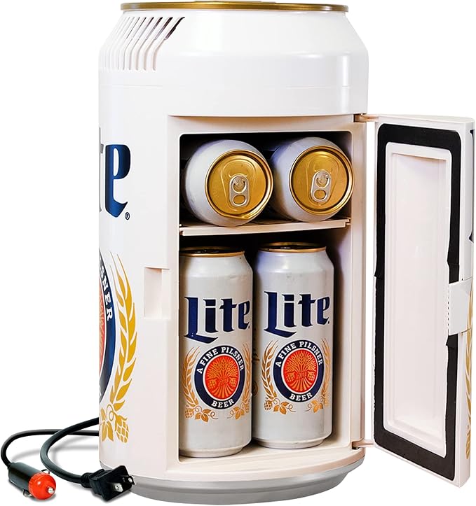 Miller Lite Mini Fridge - Refrigerator for Bedroom Office, Portable Table Top Beverage Cooler, 12V 110V Refrigerador For Drinks, Soda, Wines, Use In Car, Outdoor, Patio, 8 Can
