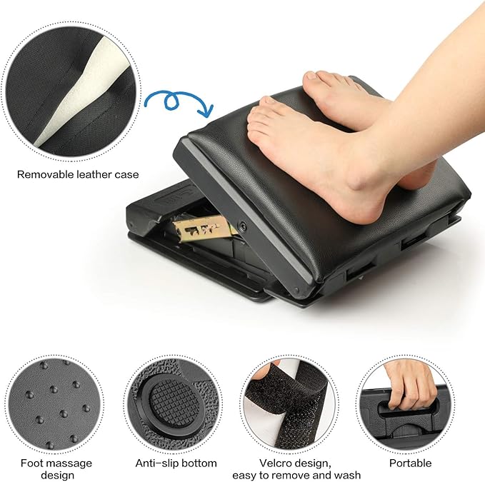 Adjustable Footrest with Removable Soft Foot Rest Pad Max-Load 140Lbs with 4-Level Height and Angle Adjustment Massage Footrest Under Desk for Car Travel, Kid's Writing, Office