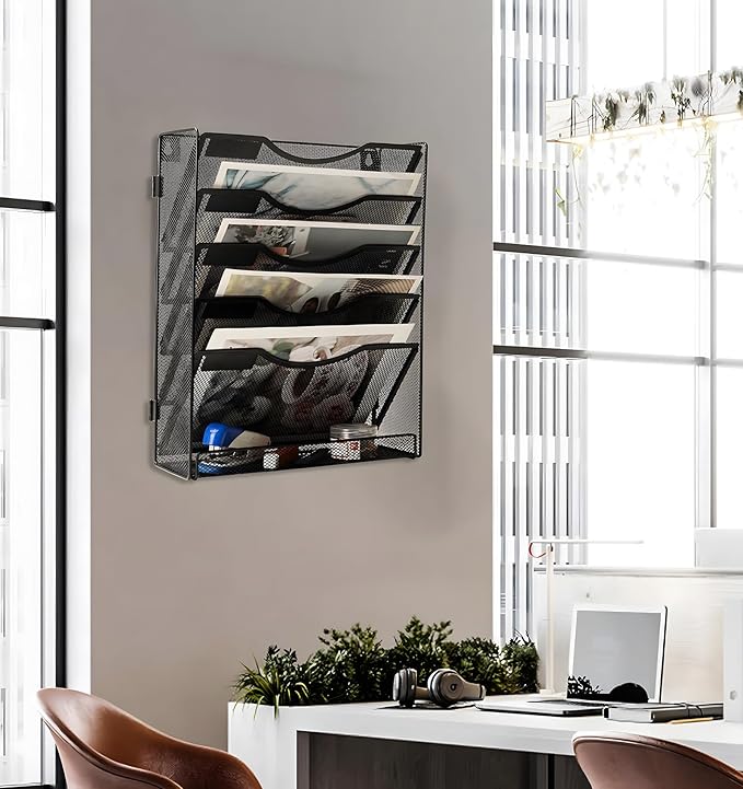 EasyPAG 5-Tier Wall File Holder, Mesh Hanging Folder Organizer with Classify Label, Versatile Desk File Organizer for Office Home , Vertical Wall Mounted Mail Paper Sorter, Easy Assembly, 2 Pack Black