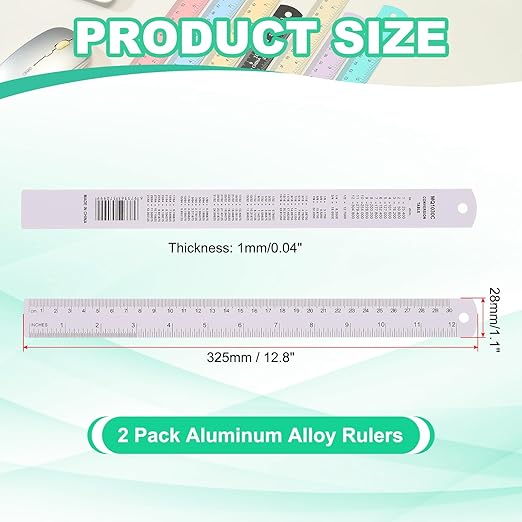 PATIKIL 30cm/12 Metal Ruler, 2 Pack Aluminum Alloy Rulers with Centimeters, Millimeters, Inches and Conversion Table Straight Edge Ruler for Writing Machinist Drafting, Purple