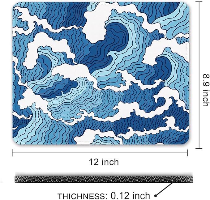 Auhoahsil Mouse Pad, 12 x 10 in Japanese Style Wave Computer Mouse Pad for Desk, Premium-Textured Non-Slip Rubber Stitched Edges Waterproof Square Mouse Mat for Gaming Work Wireless Mice, Blue