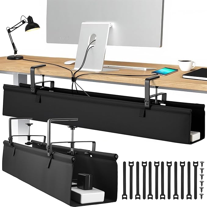 Desk Cable Management Tray, Fabric Cable Organizer, No Drill Large Clamp/Screw Mount Wire Organizer-Support Up to 30lbs, Standing Desk Cable Management for Office Home (Black,36 Inch)