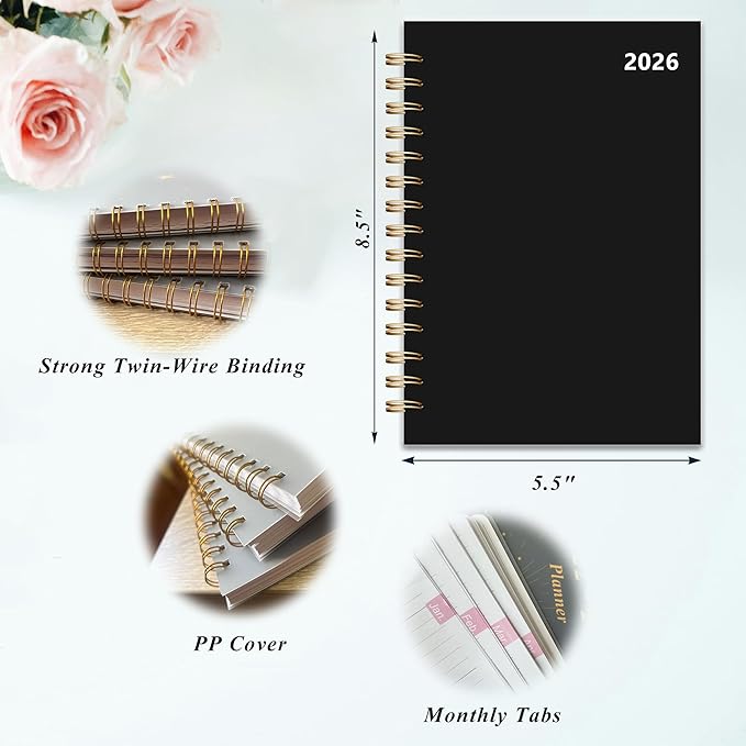 Planner 2026 January to December, 5.5" x 8.5" Daily Weekly and Monthly Calendar Planner for Productivity, Goal Setting & Time Management, Organizer for Work, School & Life - Black Hard Cover