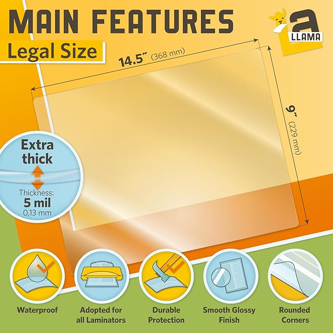 Thermal Laminating Pouches 9” x 14.5”, 5 Mil Thick, 20 Pack, Suited for Legal Size Laminating Sheets 8.5 x 14