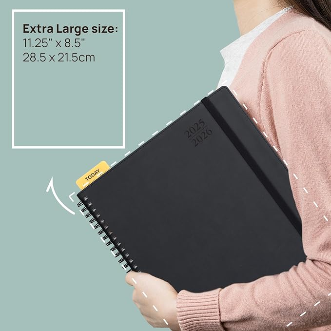 POPRUN 2025-2026 Academic Planner Spiral Bound, 8.5'' x 11.25'' Appointment Book (July 2025-June 2026) Quarter-Hourly Weekly Schedule, Leather Cover, Monthly Tabs, 2 Inner Pockets - Midnight Green