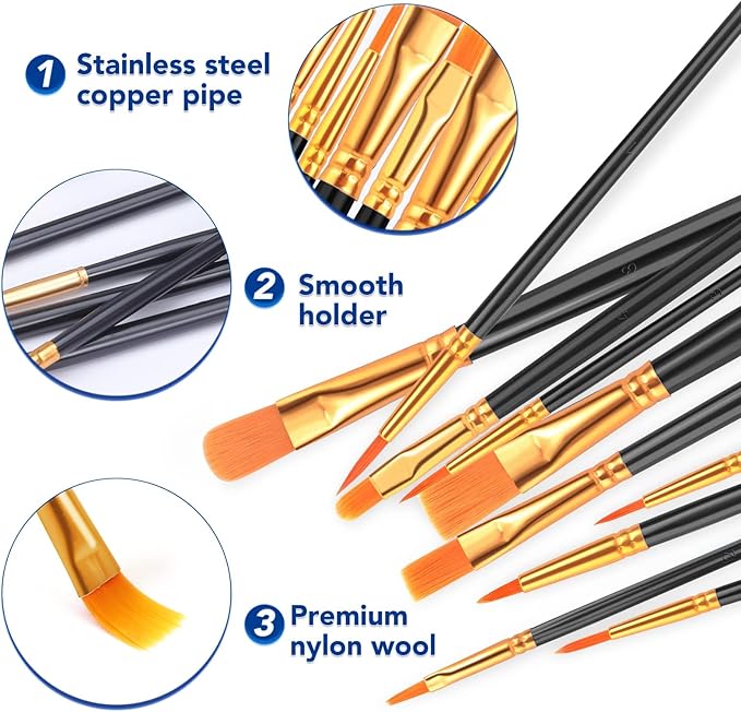 ESRICH Acrylic Paint Brushes Set, 16Packs/160Pcs, Nylon Brush Head, Suitable for Acrylic,Oil,Watercolor,Rock Body Face Nail Art,Perfect Suit of Art Painting,Best Gift for Kids Adult Drawing(Black)