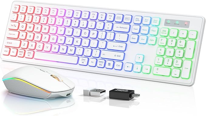 Wireless Keyboard and Mouse - RGB Backlit, Rechargeable & Light Up Letters, Full-Size, Ergonomic Tilt Angle, Sleep Mode, 2.4GHz Quiet Keyboard Mouse for Mac, Windows, Laptop, PC, Trueque(White)