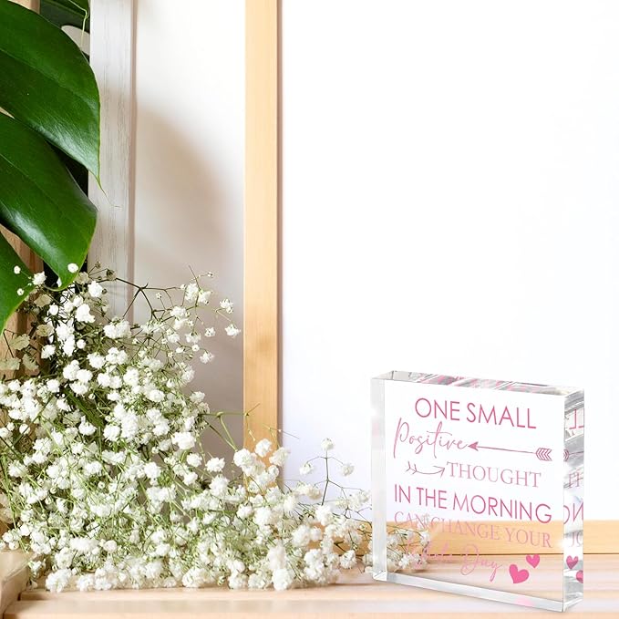 One Small Positive Thought in the Morning Can Change Your Whole Day Acrylic Sign - 4x4 Inch Pink Letters Motivational Desktop Decor, Small Morning Motivational Decor for Desks and Offices