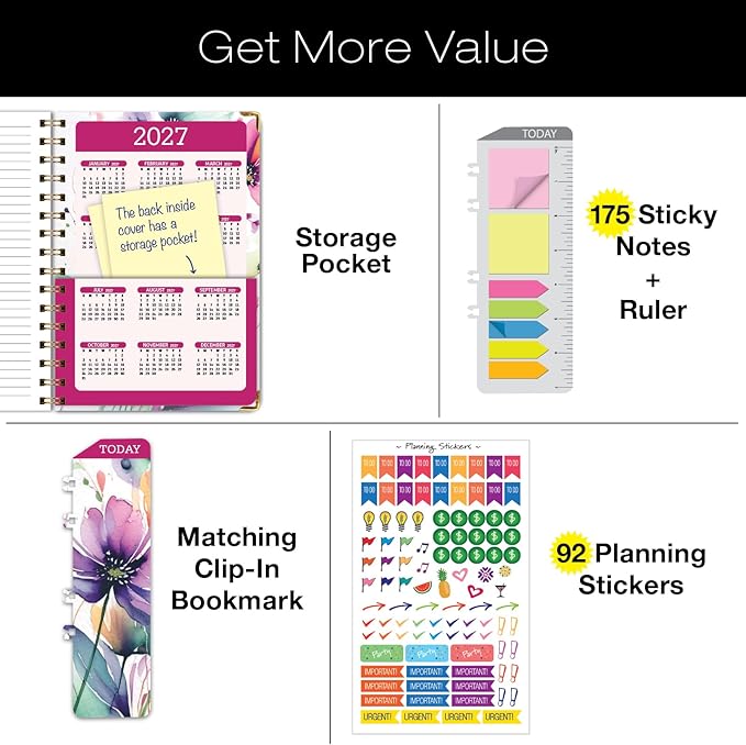 HARDCOVER 2026 Planner, 5.5"x8": 14 Months (November 2025 - December 2026), Daily Weekly Monthly Planner, Yearly Agenda, Bookmark, Pocket Folder and Sticky Note Set (Rainbow Floral)