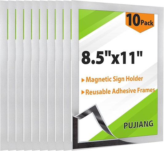 10 Pack 8.5"x11" Magnetic Sign Holder, Double Sided Display, Reusable Adhesive Frames for Walls, Fridge Door, Whiteboard, Window Sign Holder, Magnetic Picture Frame