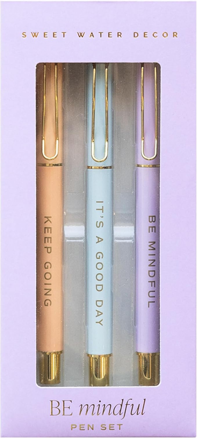 Sweet Water Decor Be Mindful Metal Pen Set - Inspirational Pens for Home or Work - Black Ink Pens, Set of Three - Gifts for Teachers, Friends, and Family - Desk Supplies & Office Accessories for Women