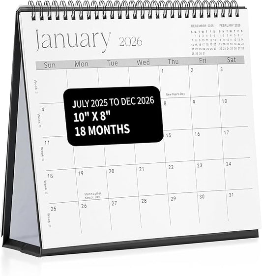 Desk Calendar 2025-2026,July 2025 to Dec 2026 18 Months Standing Flip Desk Calendar with Stickers,10" x 8" Desktop Calendar for Home Office School,Black