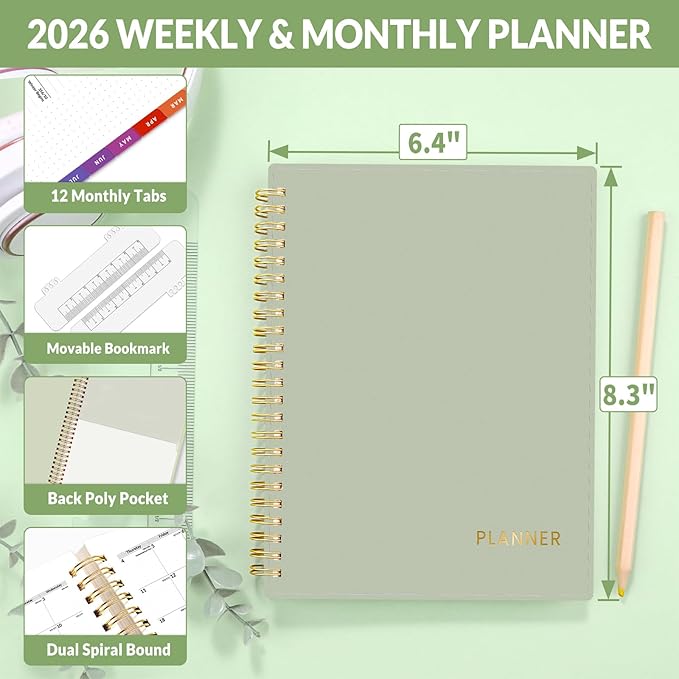 SUNEE 2026 Weekly and Monthly Planner - from January 2026 - December 2026, 6.4" x 8.3" Daily Agenda Planner with Monthly Tab, Flexible Cover, Note Pages, Pockets, Bookmark, Spiral Binding, Greenery