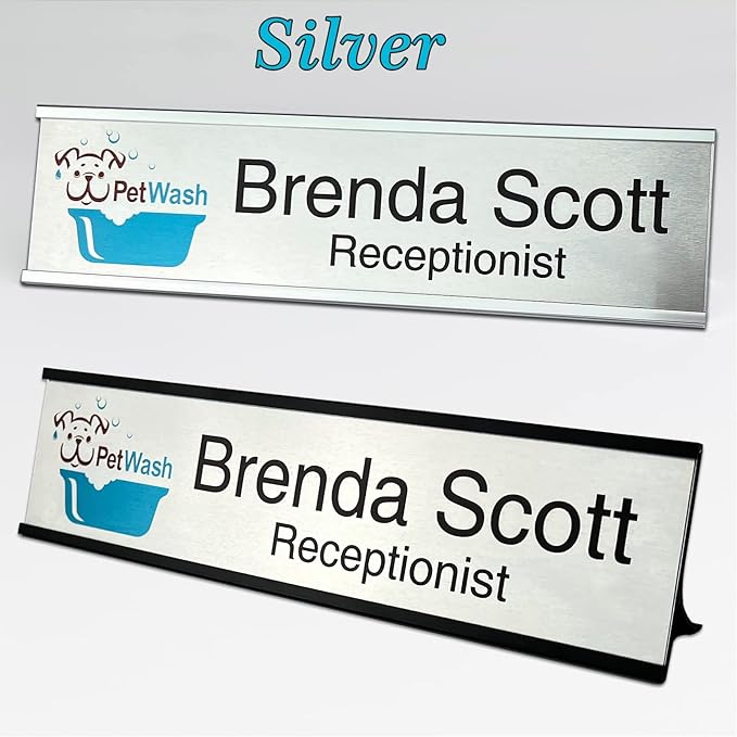 2" x 8" Personalized Aluminum Name Plates, Custom Office Desk or Wall Name Plates, Can Add Logo Image and Texts, Two Colors Silver, White, Holders are Optional (Custom Image+Text)