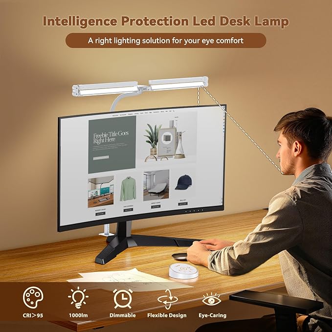 Led Desk Lamp with Clamp: Architect Desk Lamp for Home Office, Eye Caring Double Head Computer Monitor Work Desk Light with Remote Control - 24W Flexible Dimmable Desktop Table Lamp White