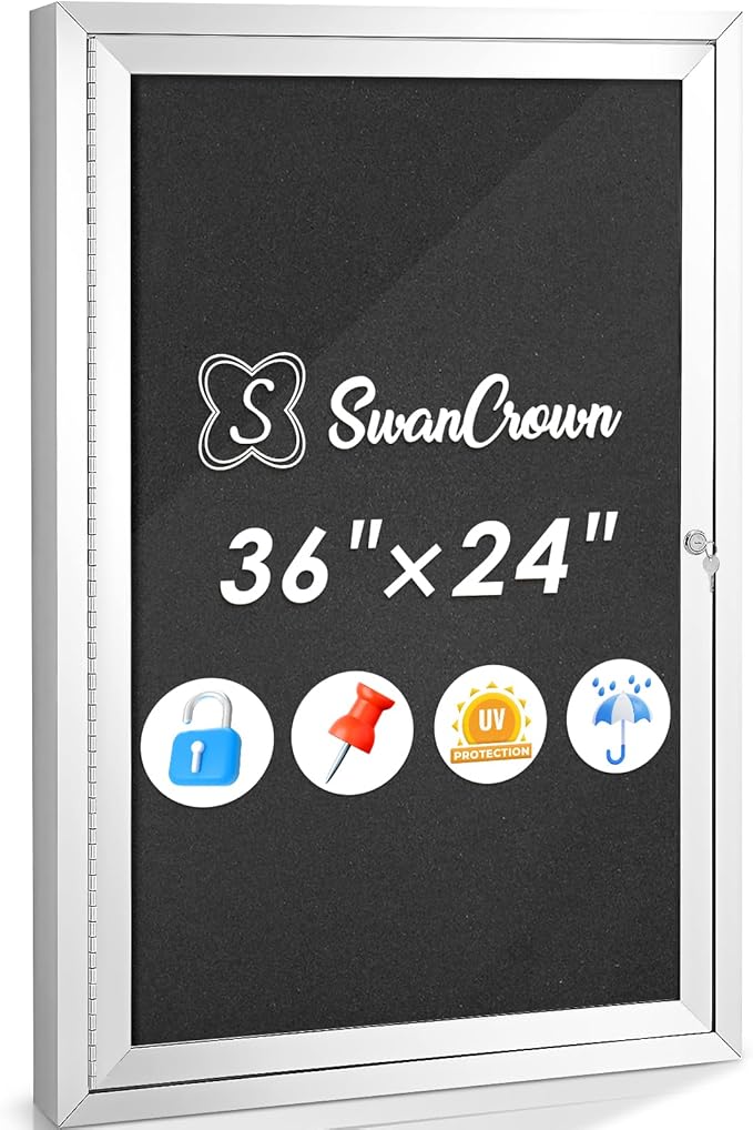 SWANCROWN Outdoor Bulletin Board Weatherproof 36x24in, Enclosed Bulletin Board with Locking Door Wall Display Case for Office School Commerce Show, Black Felt, Sliver Aluminum Frame