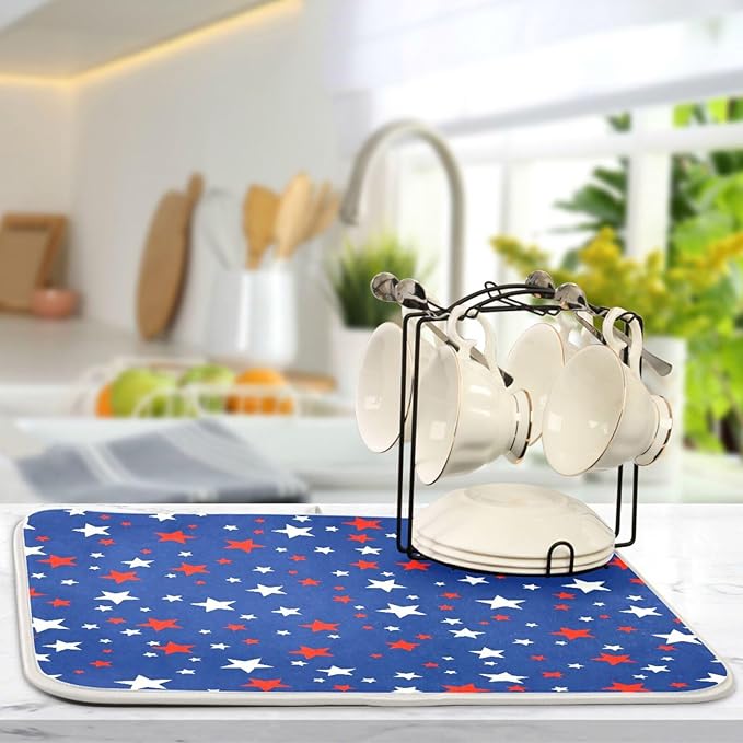 USA Patriotic Stars Memorial Dish Drying Mat 16 X 18 Inch Red Blue White Independence Day Dry Dishes Pads Tableware Mats Protector for Kitchen Countertops Counter Home Decorations