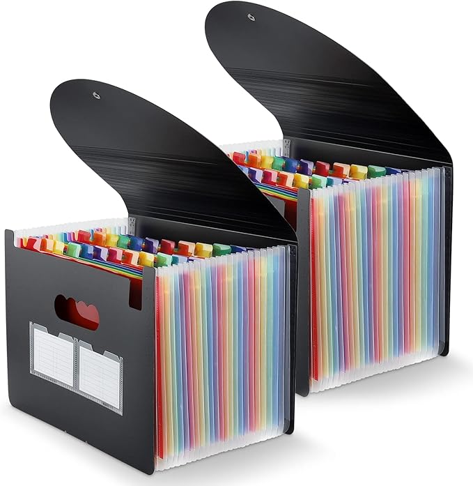 Accordion File Organizer, 2 Pack 24 Pockets Expanding File Folders, Portable Monthly Bill Receipt Documents Organizer with Colorful A-Z Tabs, Letter/A4 Size - Black