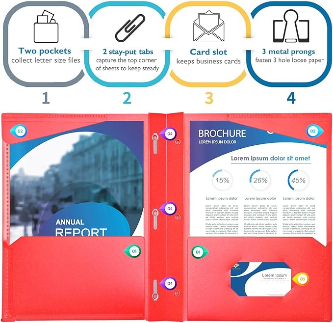 WOT I Heavy Duty Folders with Clear Front Pockets - 6 Pack, Extra Thick Plastic Folders with 3 Pocekts and 3 Prongs for Letter Size Paper/Card Slot/Assorted Colors/School/Work/Home Use