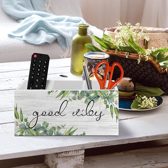 Inspirational Sage Green Eucalyptus Pen Pencil Holder Organizer for Desk Accessories, Good Vibes Positive Wooden Box Sign Desk Decor for Home Office Decoration, Motivational Gifts for Women