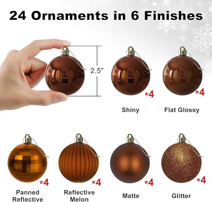 Bronze 2.5" Christmas Balls Christmas Tree Decoration Ornaments Shatterproof Hanging Balls for Birthday Halloween Holiday Wedding Decorations Set of 24pcs