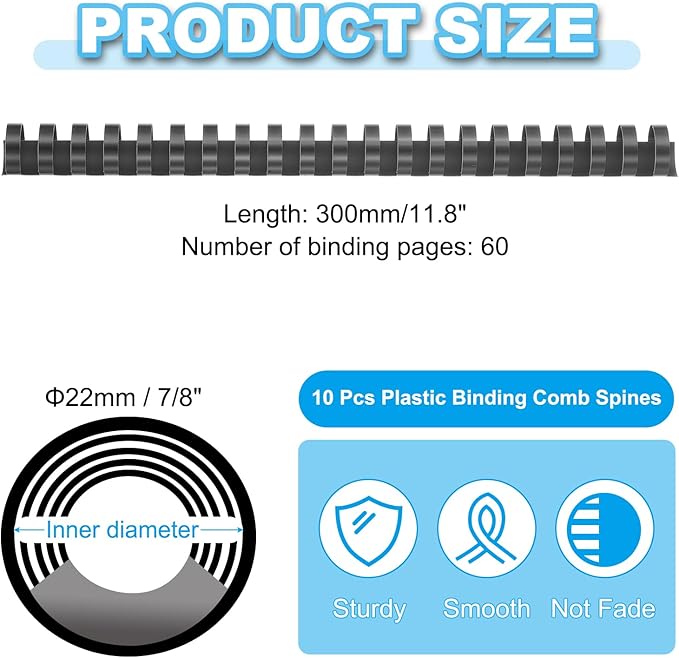 PATIKIL 22mm (7/8") Plastic Binding Combs, 10 Pcs 21 Rings Comb Binding Spines 190 Sheet Capacity Letter Size for Binding Paper Sheets Notebook Calendar Picture Album, Black