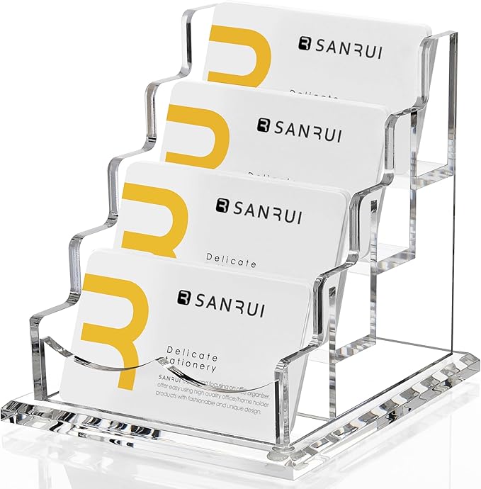 SANRUI Clear Acrylic Business Card Holder for Desk Display Stand Holders Organizer Rack , 4 Tier 4 Pocket , Holds 200 cards