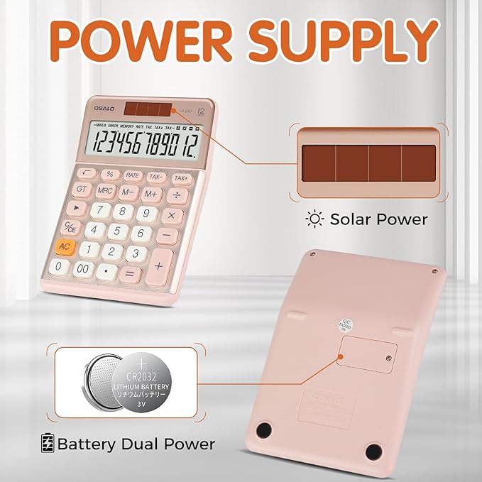 Pendancy Office Small Calculator Desktop with Tax+/- for Tax Calculation, 12 Digit Large LCD Display, Solar Battery Power, Durable Portable Design, Financial Accounting Business Home Use(OS-200T-Pink)