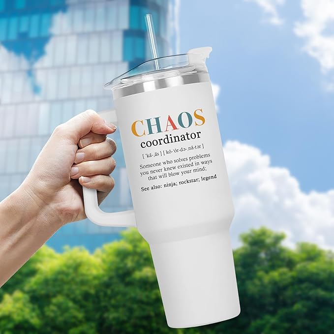TEEZWONDER Christmas Thank You Gifts for Women - Chaos Coordinator Insulated 40 oz Tumbler with Handle - Funny Birthday Employee Appreciation Gifts for Women Coworkers Boss Colleagues Teachers Nurses
