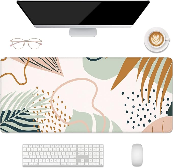 Desk Mat, 32" x 12" XXL Extended Large Gaming Mouse Pad, Desktop Decor Desk Pad, Cute Men Women Office Supplies and Accessories, XL Mouse Mat for Laptop & Keyboard, Boho Leaves