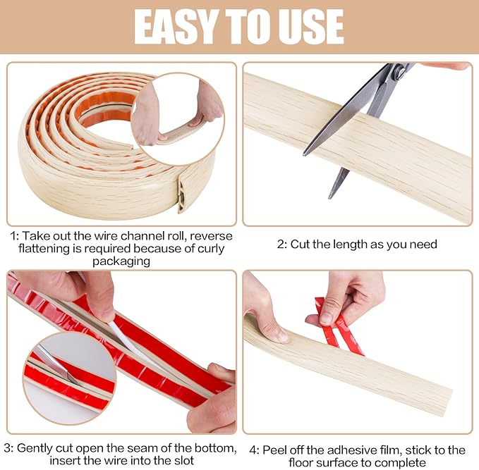 Floor Cord Cover Cavity 0.8"x0.37" Self Adhesive Cord Hider, 10FT Low Profile Cable Management, Extension Strip Protector for Wires, Prevent Cable Trips for Offices, Gyms, Exhibitions (Yellow Wood