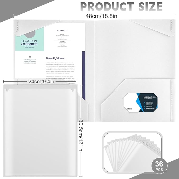 Henoyso 36 Pcs Plastic Folders with Clear Front Pockets Heavy Duty File Folders with 2 Pockets and Card Slot for Student Communication School Office Presentation Report (White)