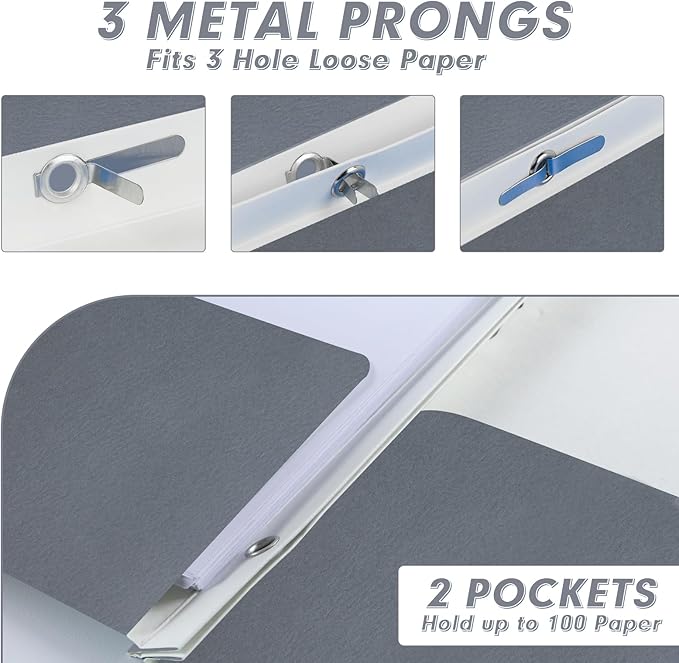 Two Pocket Folders, PANDRI 60 Pack Two Pocket Folders with Prongs, 3 Prong Folders Designed for Office and Classroom, Letter Size Grey