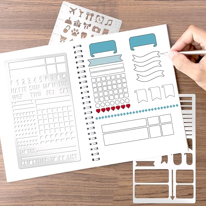 3 Pieces Metal Planner Stencil Dot Journal Engraving Stencils Rustproof Multi Pattern Line Designs Metal Stencils for Journaling, Behavior Tracking, Weekly Spread (Metal3A)