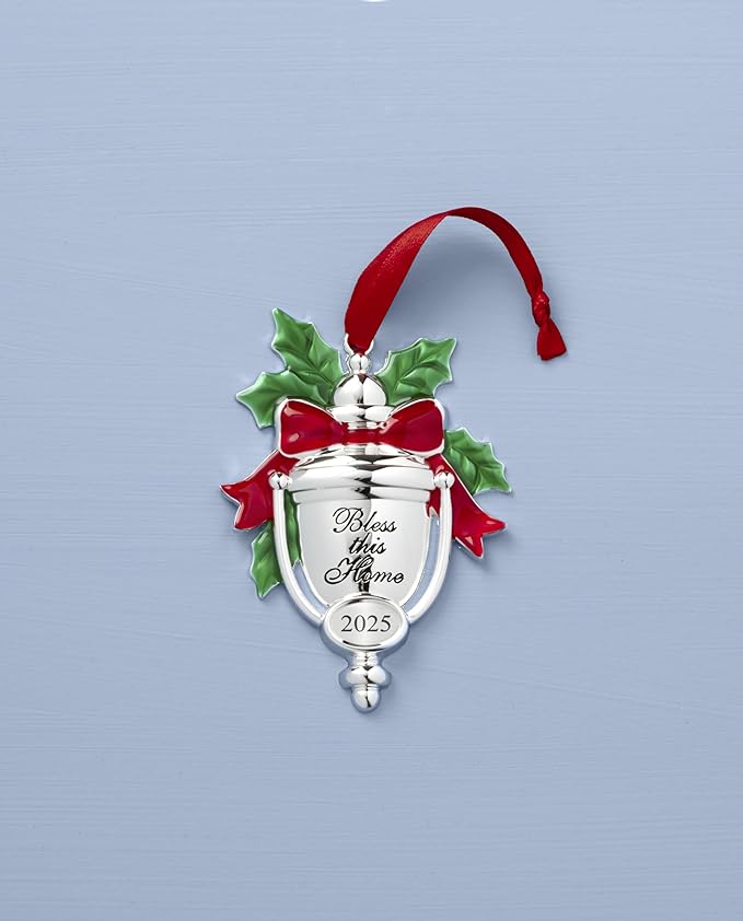 Lenox Ornament, 2025 Bless This Home Silverplate Ornament, Made of Silverplate/Stainless Steel, Christmas Tree Decorations with Red Ribbon for Hanging, Festive Winter Decorations (Silver, 1 Piece)
