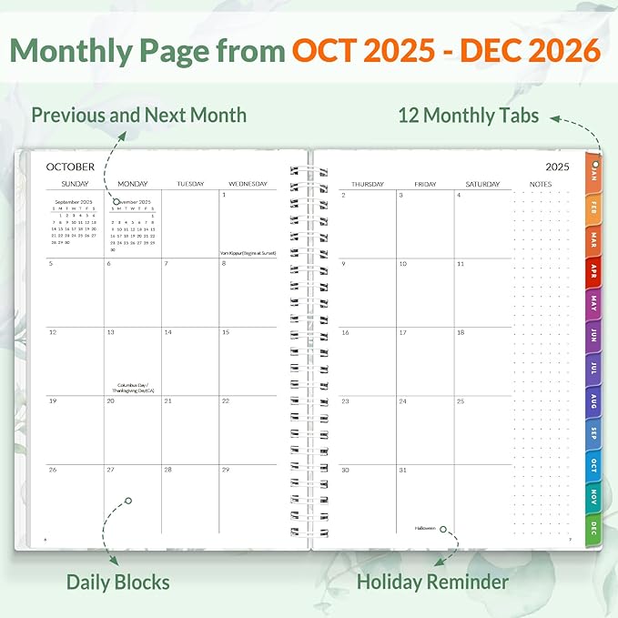 SUNEE 2026 Weekly and Monthly Planner - January 2026-December 2026, 6.4" x 8.3" Half Weekly Half Note, Daily Agenda Planner with PVC Waterproof Cover, Monthly Tab, Note, Pockets, Bookmark, Leaf