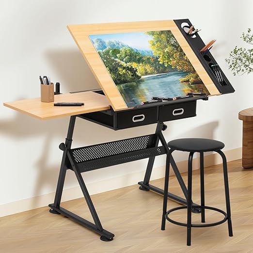 MoNiBloom Adjustable Drafting Table & Stool Set with Storage, Versatile Art Desk and Craft Center Home Study Room Artist Desk