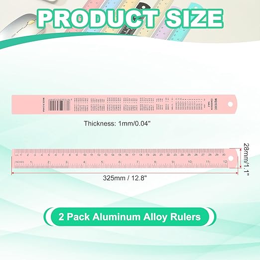 PATIKIL 30cm/12 Metal Ruler, 2 Pack Aluminum Alloy Rulers with Centimeters, Millimeters, Inches and Conversion Table Straight Edge Ruler for Writing Machinist Drafting, Pink