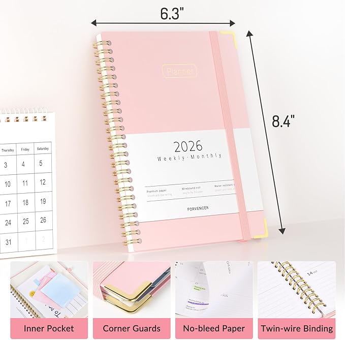 Forvencer 2026 Planner, Hardcover Calendar Planner Weekly and Monthly, January 2026 - December 2026, 6" x 8", Spiral Agenda Book with Tabs, Exquisite Daily Journal with Inner Pocket, Organizer Notebook for Office Home School, A5 Size, Beige
