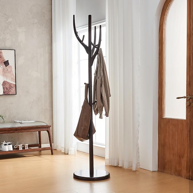 Uniclinens Coat Rack Freestanding Solid Wood Coat Tree Standing with 12 Hooks, Coat Rack Stand Creative Tree Branch-look (Dark Walnut)