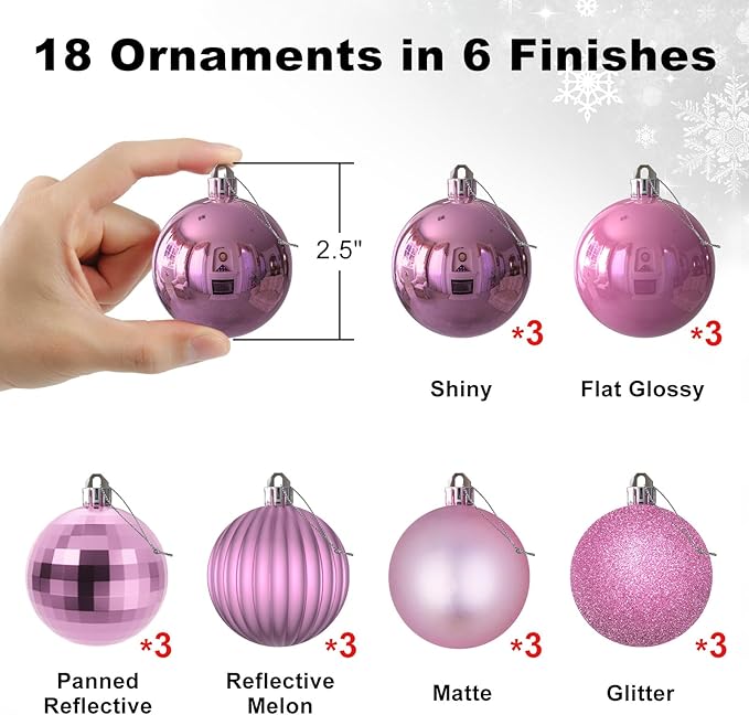 Bubblegun Pink 2.5" Christmas Balls Christmas Tree Decoration Ornaments Shatterproof Hanging Balls for Birthday Halloween Holiday Wedding Decorations Set of 18pcs