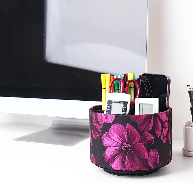 QIELIZI Round Leather Art Supply Organizer,Remote Control Holder,360 Degree Rotating,Multi-Functional Pencil Holder,4 Compartments Desktop Stationary Organizer(1-Dahlia Rose Red)