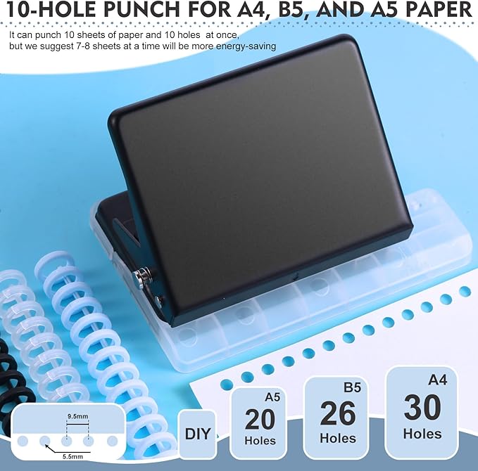 10 Hole Punch Binding Machine for Planner, Metal Binder Machine Kit with 10Pcs Plastic Comb Binding Spines & 30Pcs Loose Leaf Binder Rings, Binder Hole Puncher for A4, A5 and B5 Paper