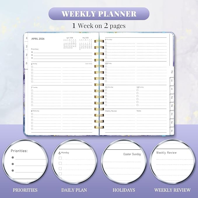 2026 Planner, A5 Weekly and Monthly Planners with Tabs, Spiral Bound Daily Calendar 2026 Planner, Agenda Organizers from Jan. to Dec., Hardcover Habit Tracker Journal 6.18" x 8.5"(Blue Marble)