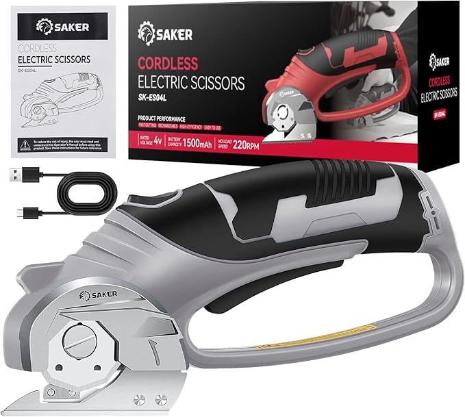 Saker Electric Box Cardboard Cutter,Cordless Elwetric Scissors for Fabric Leather Paper Plastic - Card Board Cutter Tool with 4V Recharged Battery - Safety Lock and LED Light for Cutting,Grey