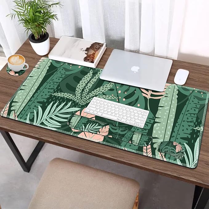 AIMSA Large Gaming Mouse Pad Set, Keyboard Wrist Rest Support Mouse Pad, Ergonomic Memory Foam Multifunctional Extended Desk Mat 35x15.7in Anti-Slip Rubber Base for Office Home, Pink Green Leaves
