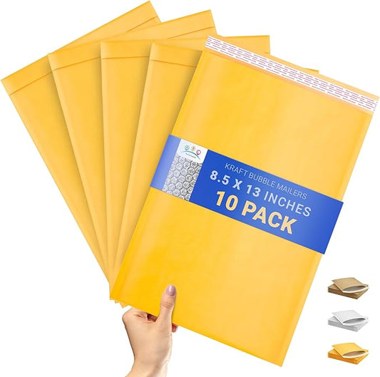 ABC PACK & SUPPLY Yellow Kraft Bubble Mailer Envelopes, 8.5 x 13 Inches. 10 Pack Mail Padded Envelopes Self Seal. Kraft Bubble Mailers. Tear-Resistant Mailing Envelope Padded. Sturdy Paper Mailer