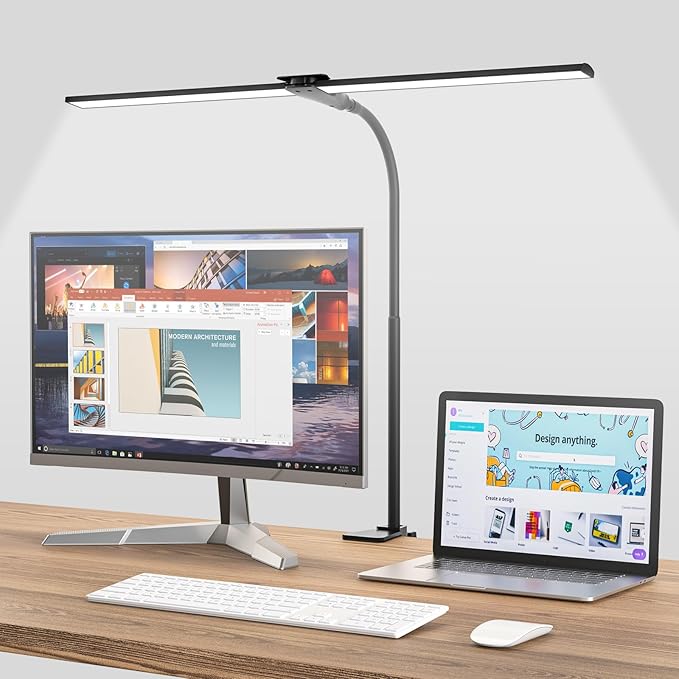 LED Desk Lamp for Home Office, Bright Double Head Desk Lamp with Clamp, Dimmable 5 Color Modes Desk Lighting, 12W Eye-Caring Architect Table Lamp for Workbench, Monitor, Reading, Study, 1400lm