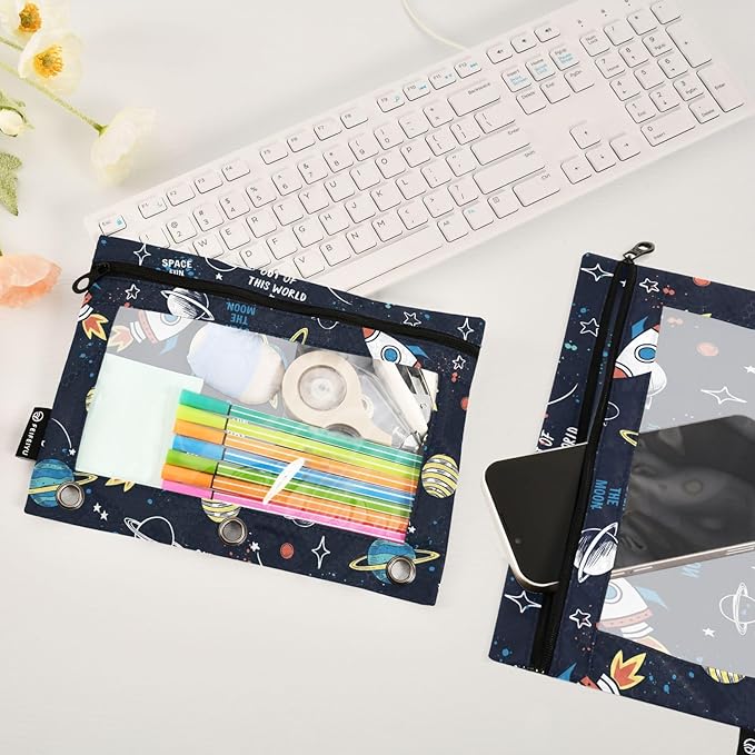 Space Rocket Planet Pencil Pouch for 3 Ring Binder, 2 Pack Waterproof Pencil Bags Clear Window Zipper School Office Supplies
