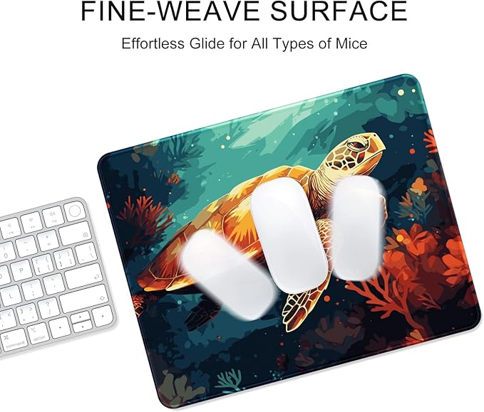 Auhoahsil Mouse Pad, 12 x 10 in Animals Theme Computer Mouse Pad for Desk, Premium-Textured Non-Slip Rubber Stitched Edges Waterproof Square Mouse Mat for Gaming Work Wireless Mice, Coral & Turtle